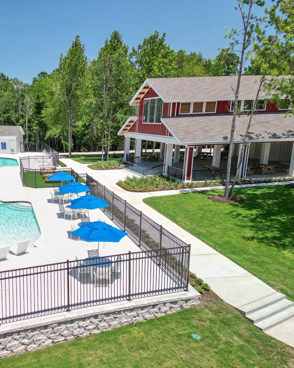 Aerial of the pavilion of The Vue at The Crest Park in Woodforest.